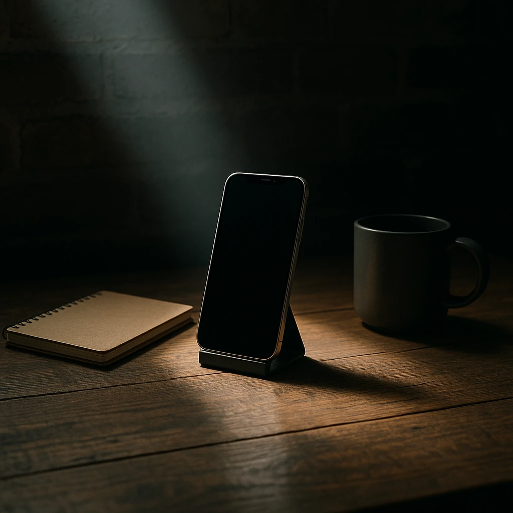 dark room in loft style, iphone lies on a wooden table on a stand, next to it lies a notebook and a cup, a beam of light shines directly on it and on the table emoji