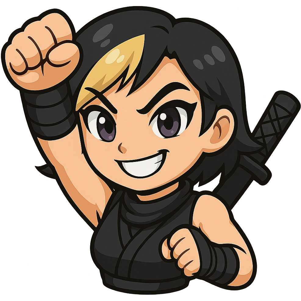 Create an anime chibi style ninja girl with the same face, outfit, and colors as the reference. The ninja girl should have her fist fully extended upward, completing the punch. Transparent background, sized for Twitch emoji use. This is animation frame 3. emoji