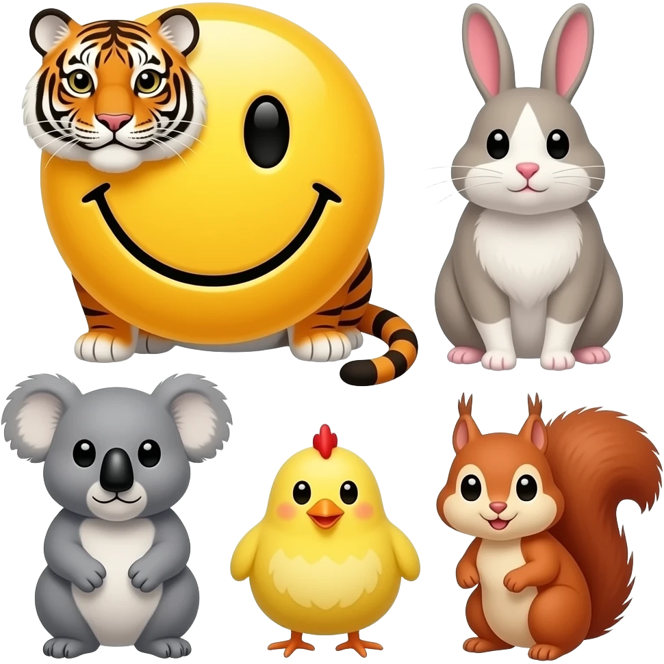 emoji Big yellow smiley in the center plus  🐯🐰🐹🐱🐨🐥🐿 & K-Artists emoji