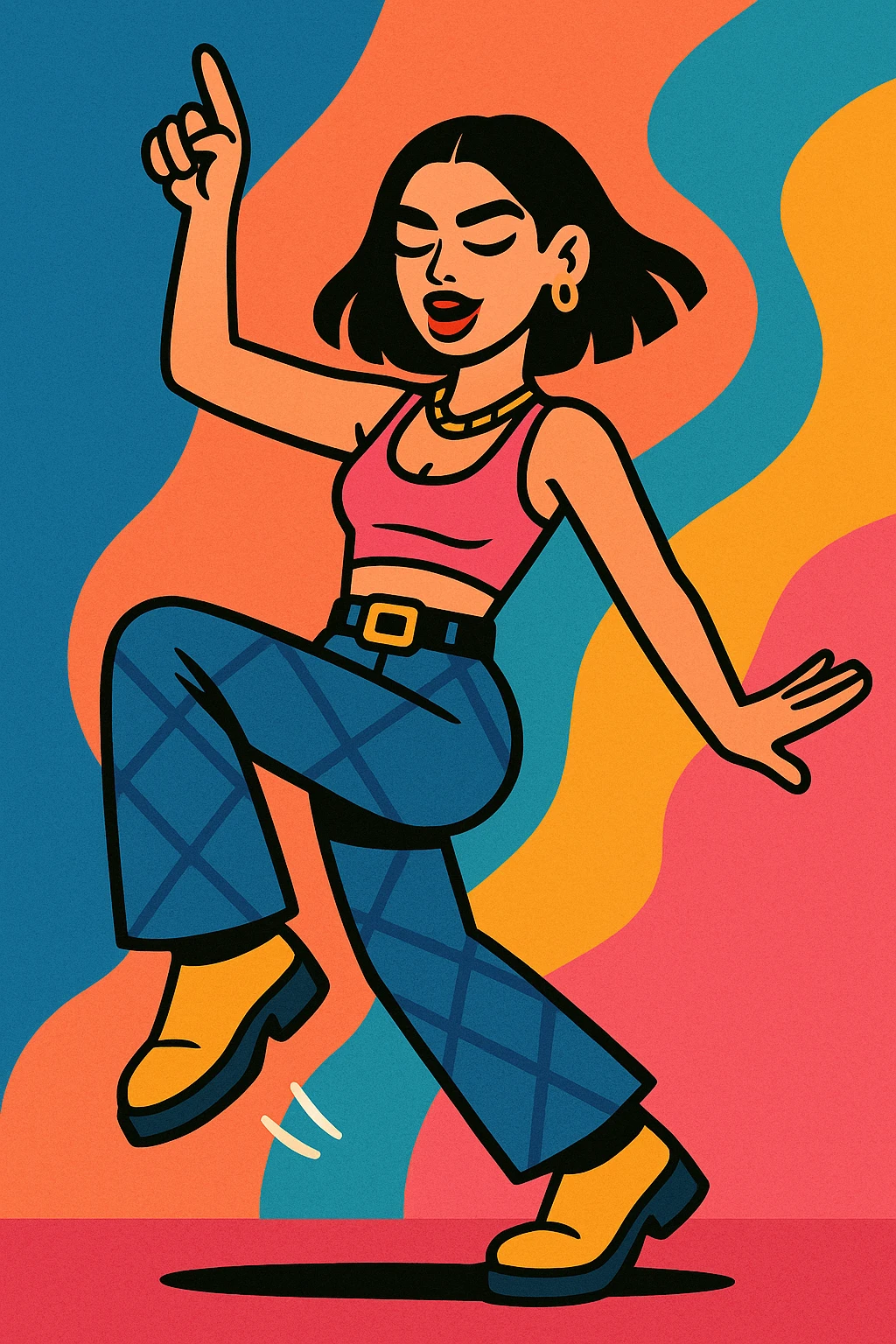 Dua Lipa in a dynamic dance pose, trendy outfit, pop music vibe emoji