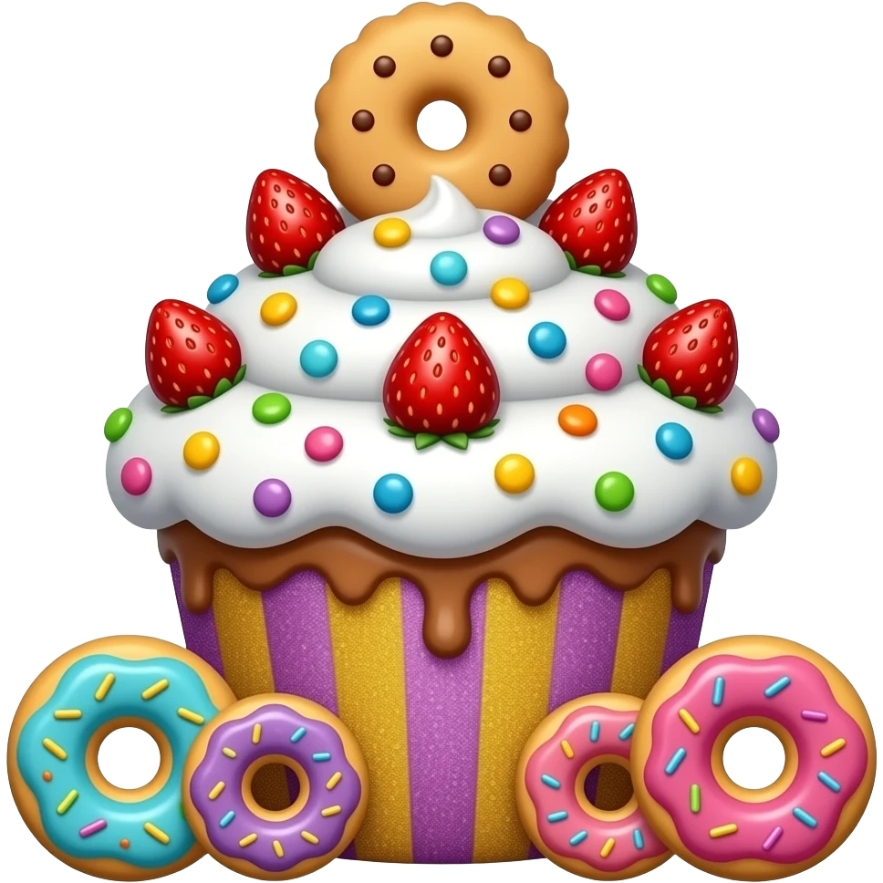 a carnival float resembling a giant cupcake with glitter and multicolored candies on top. It should have three tiers with whipped cream and strawberries. At the top of the float, there is a large cookie stuck into it. The float has four wheels that look like donuts emoji