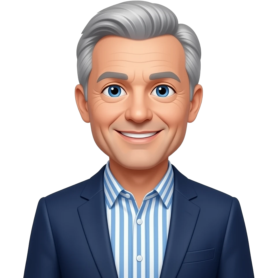 DJR - man, friendly smile, late 70's, less grey hair, blue eyes, slim face, blue and white vertical striped button up shirt, dark blue blazer emoji