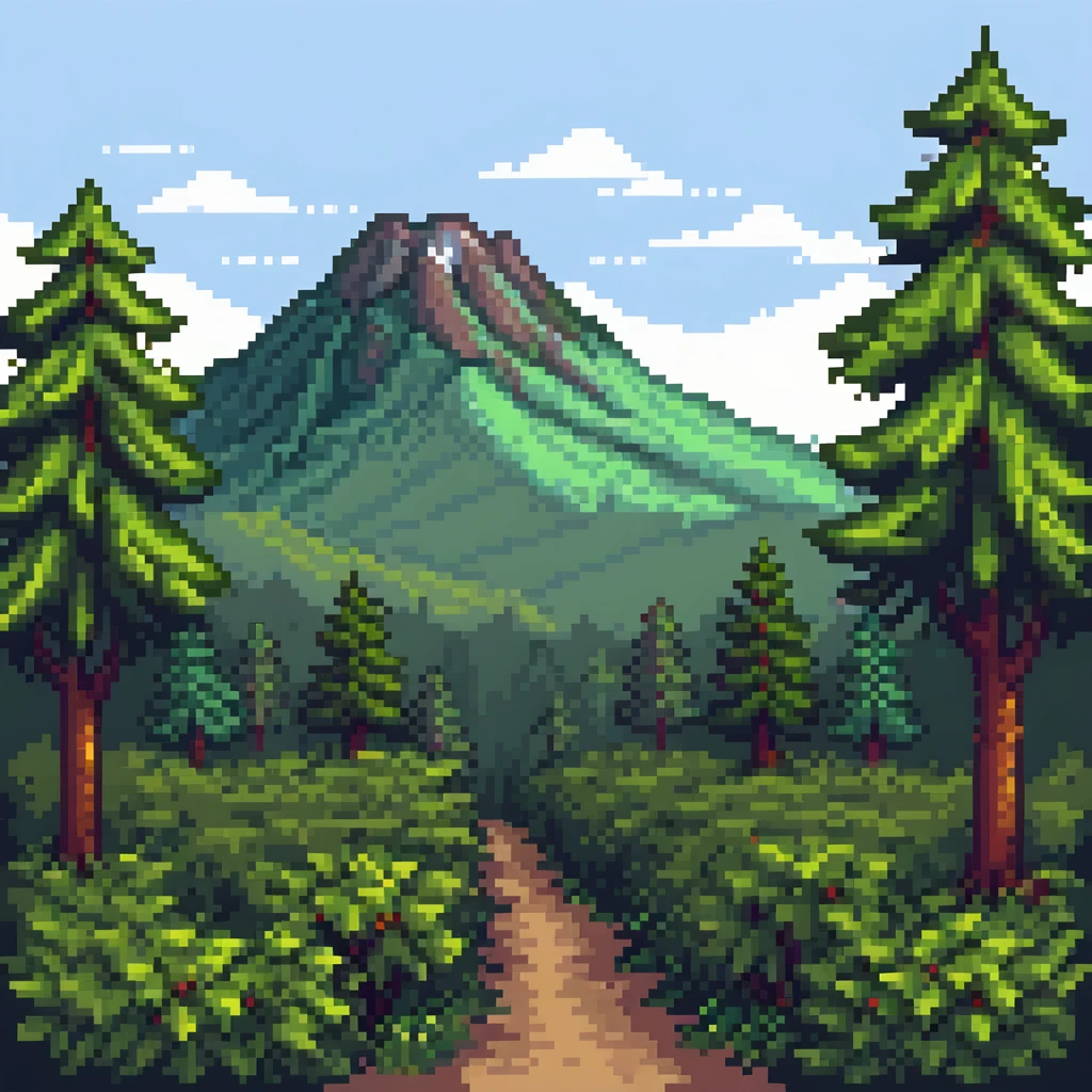2D forest background with parallax layers, trees, bushes and a distant mountain emoji