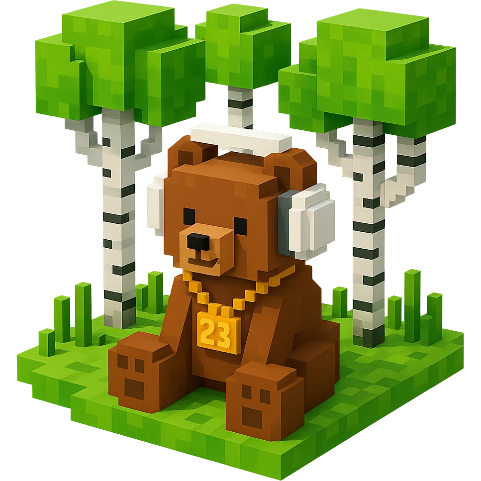 березовый лес, в котором сидит бурый медвежонок в белых наушниках (наушники должны закрывать уши медведя), на медведе цепь с подвеской "23", no background  emoji