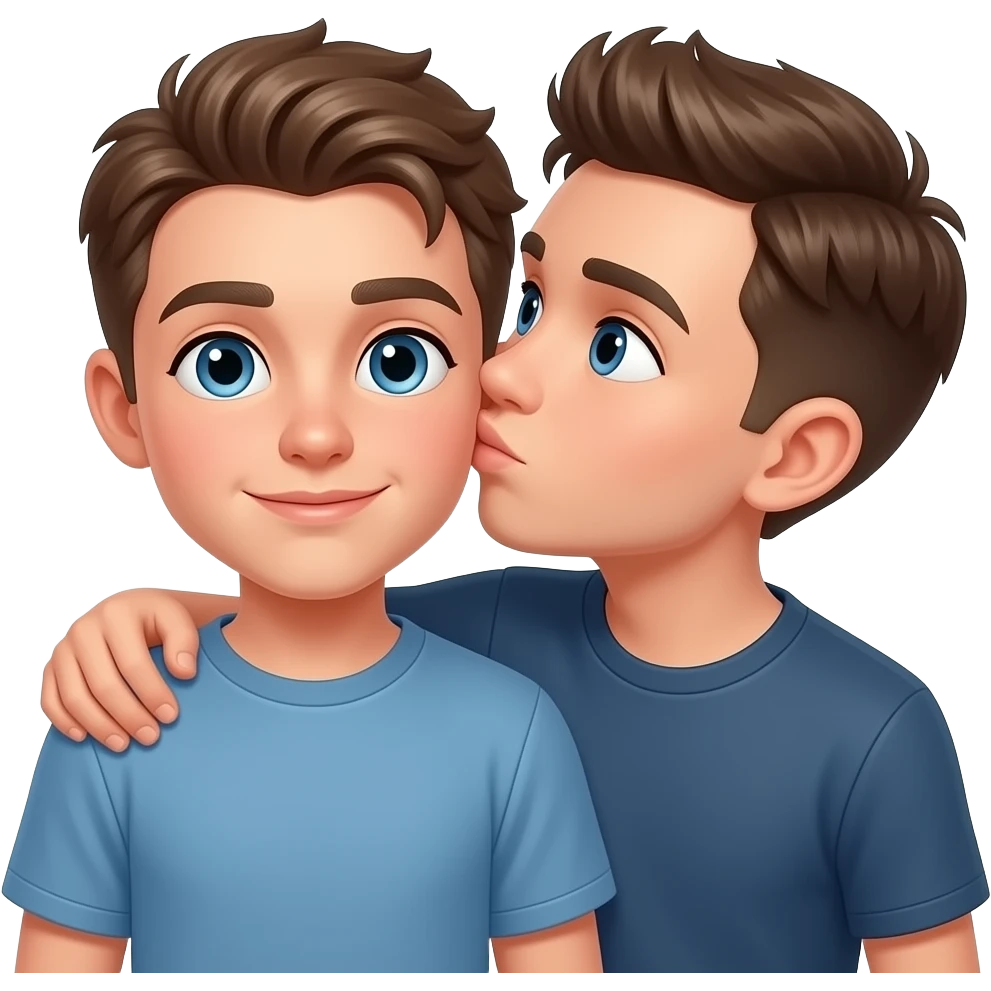 Erstelle ein Emoji von zwei Brüder, der eine um die 22 und der andere um die 26, der älter Bruder legt sein Arm über sein jüngeren Bruder und küsst ihn auf die Wange. Beide haben blaue Augen emoji