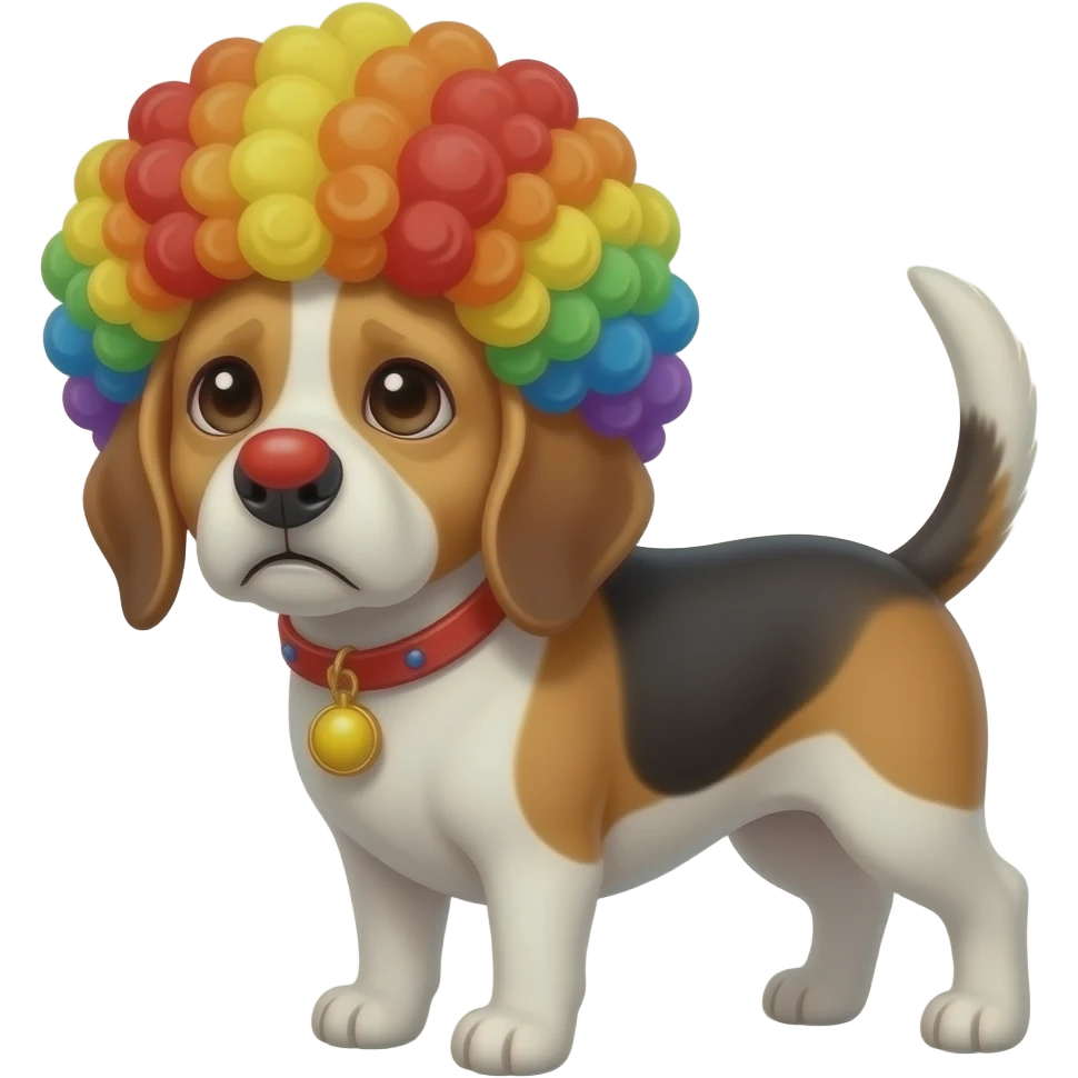 Beagle dressed as a sad clown with rainbow wig emoji