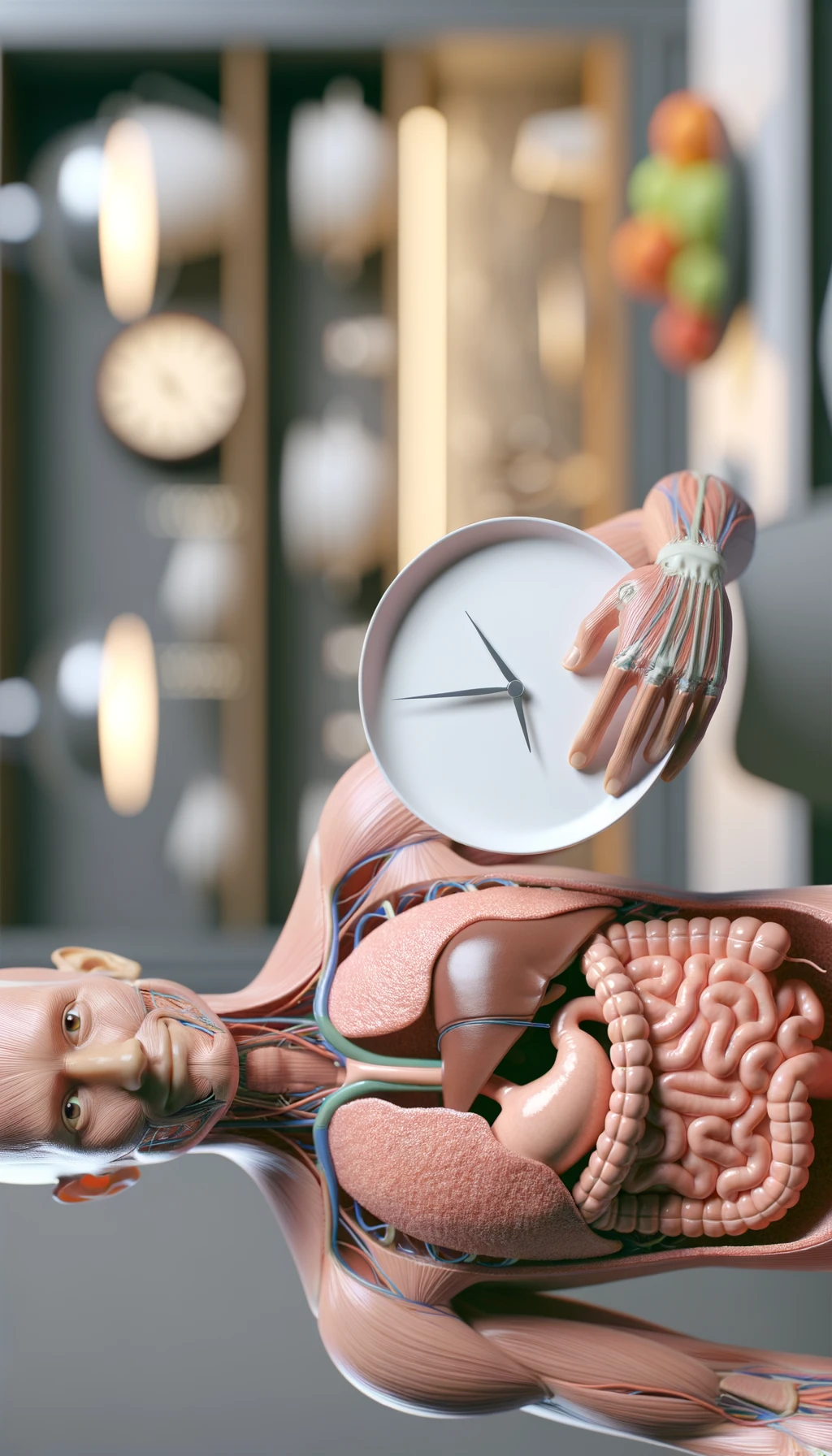 corpo umano anatomico con colori realistici e intestino in evidenza, che tiene in mano un piatto bianco con la lancette di un orologio sopra, figura visibile fino ai fianchi, espressione del volto soddisfatta, sullo sfondo la sua cucina sfocata con toni chiari neutri, iperrealistico 4k emoji