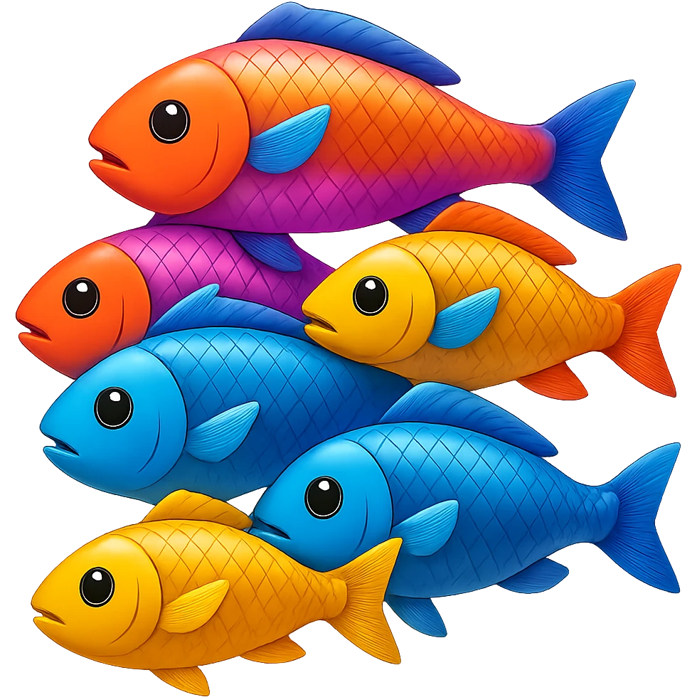 A pile of colorful fish arranged in a pyramid formation in the style of apple emojis, with no background, vibrant and crisp emoji style. emoji
