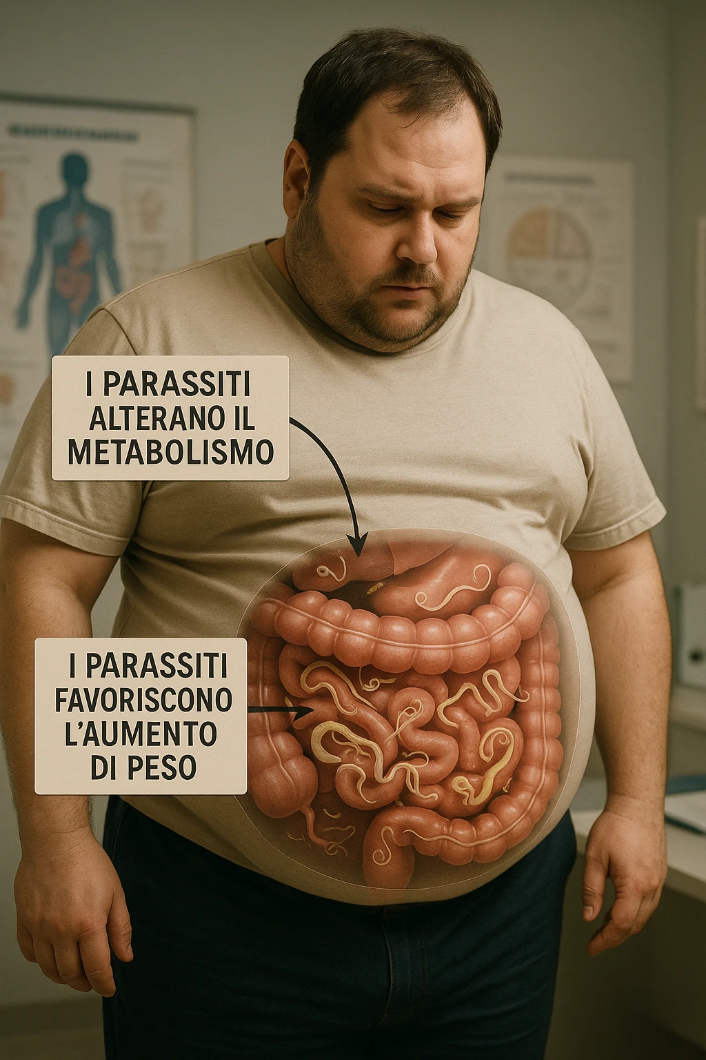 cinematic photo an overweight man is shown with a semi-transparent abdomen, highlighting the intestines filled with various types of parasites (such as worms or protozoa). Educational callouts explain how these parasites can disrupt metabolism and contribute to weight gain. The setting is a medical office, with charts and diagrams in the background. in italiano emoji