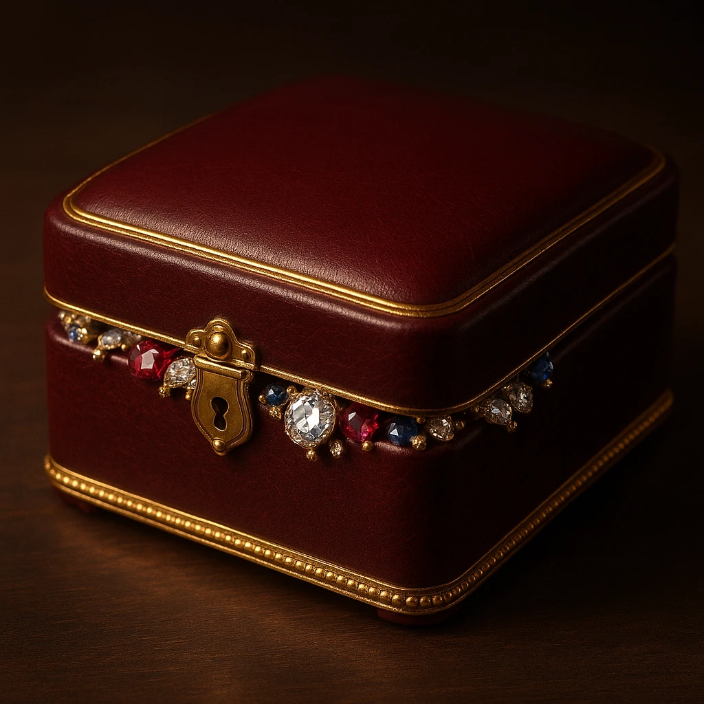 a closed dark red jewelry box with gold trim, sparkling jewels peeking out emoji