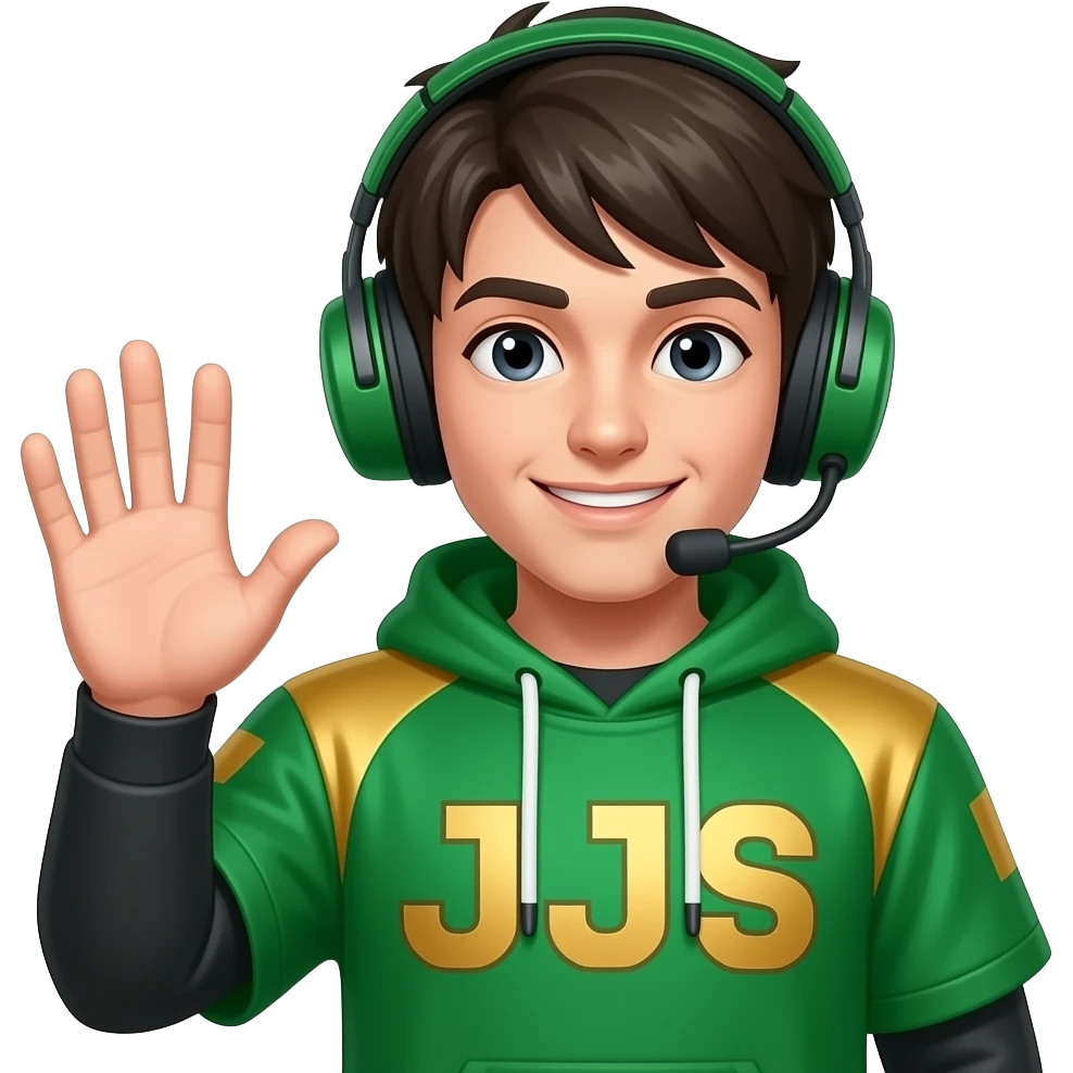 gamer wearing green and gold jxs, waving emoji