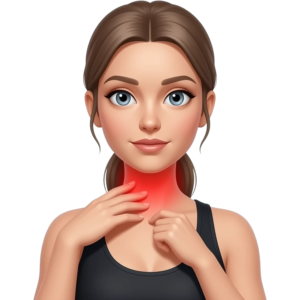 neck pain, full red glow covering the entire neck area, woman touching her neck, fair-skinned woman, gray-blue eyes, ash brown brows, ash light brown hair tied back, slim athletic body, black workout set emoji