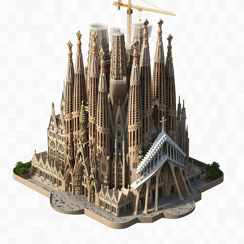 Isometric illustration photorealistic Sagrada Familia with intricate spires, highly detailed in semi-realistic style, balanced between stylized and realistic, 3D miniature effect, transparent background. emoji