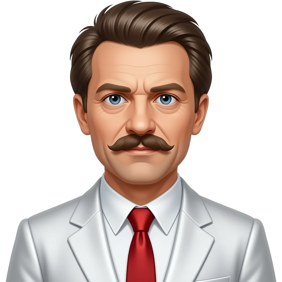 Sergei Eisenstein with dark blue eyes, brown wild hair, white metallic shirt, white metallic suit jacket, red metallic tie emoji