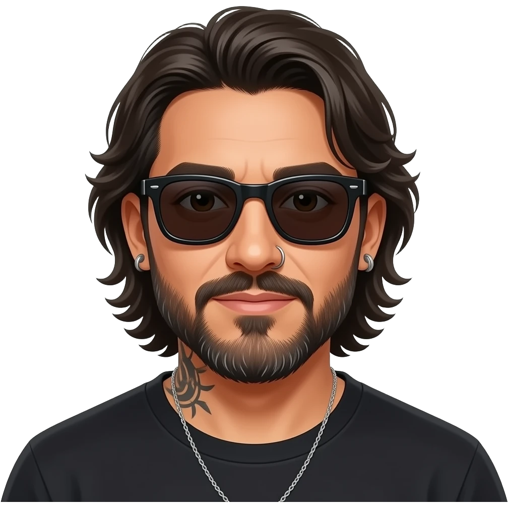 The handsome manly Latino podcast host with medium length hair, a long slightly graying beard and tattoos with his ears pierced 1 time each ear and a nose ring on the right side, dark brown eyes, wearing black, super dark sunglasses, jewelry, hanging out with his three sons emoji