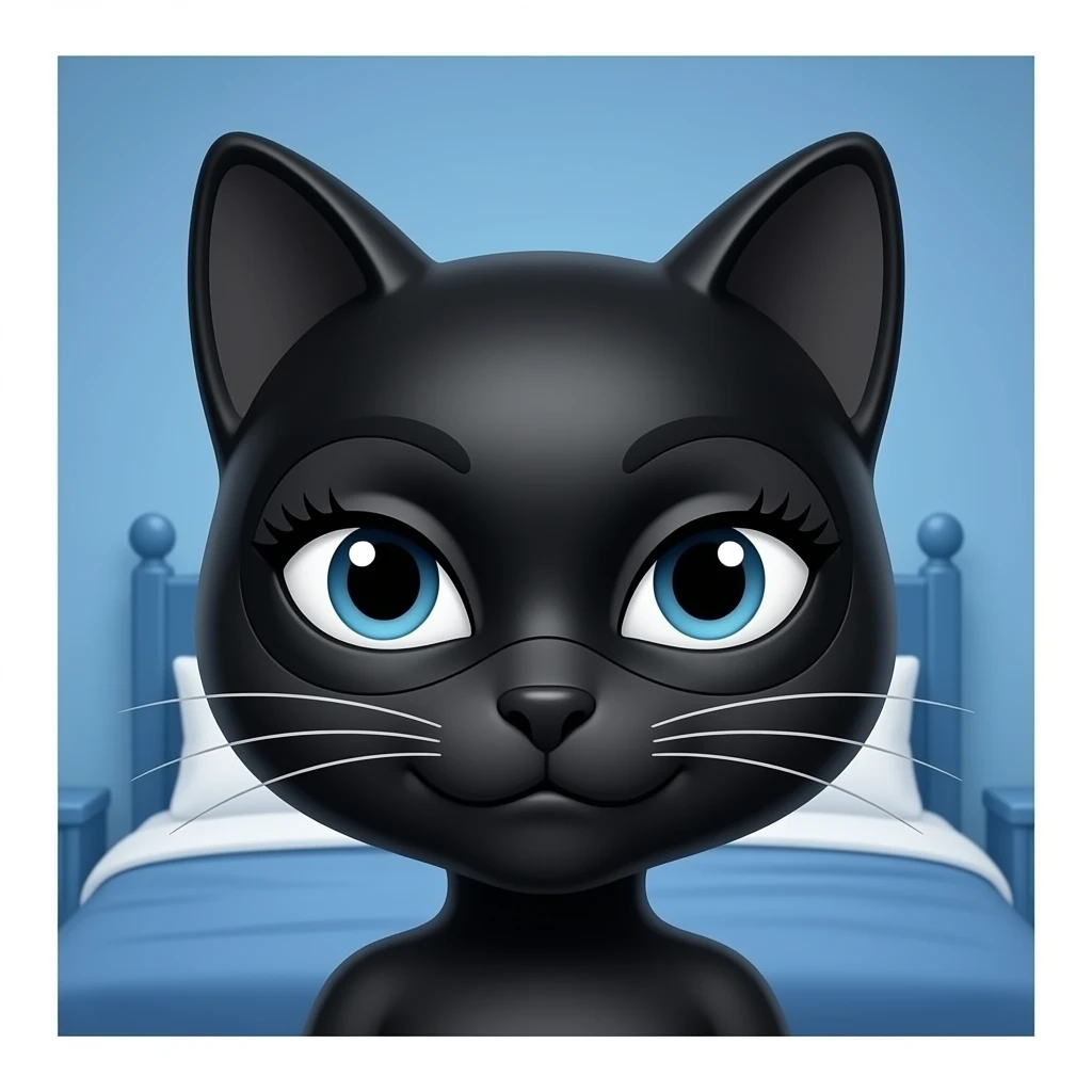 Only show the slim head with a smirk A black cat that looks like Cat woman with long lashes blue Bedroom emoji