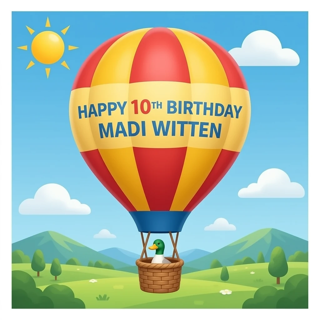 HAPPY 10TH BIRTHDAY MADI WITTEN ON HOT AIR BALLOON DUCK IN BASKET emoji