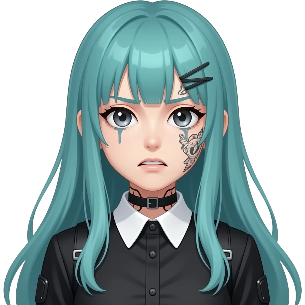 anime girl, afraidface, face tattoos, long flowing teal hair, grey eyes, black shoulder cyberpunk blouse with fancy white collar emoji