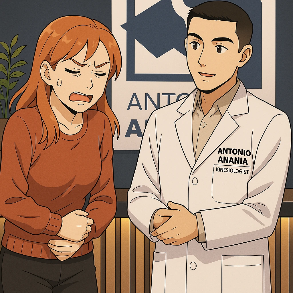 su questo stile fai un manga/webtoon a colori in cui una donna che parla esasperata dal suo problema, l'uomo della foto in stile manga gli risponde, mantieni un ambiente simile alla foto che ho allegato con il suo logo (sarebbe il suo studio, lui è un kinesiologo), scrivigli "ANTONIO ANANIA" sul camice bianco, non mettere fumetti, ma fai in modo che sembri che la donna chiede una cosa e l'uomo risponde alla sua domanda emoji