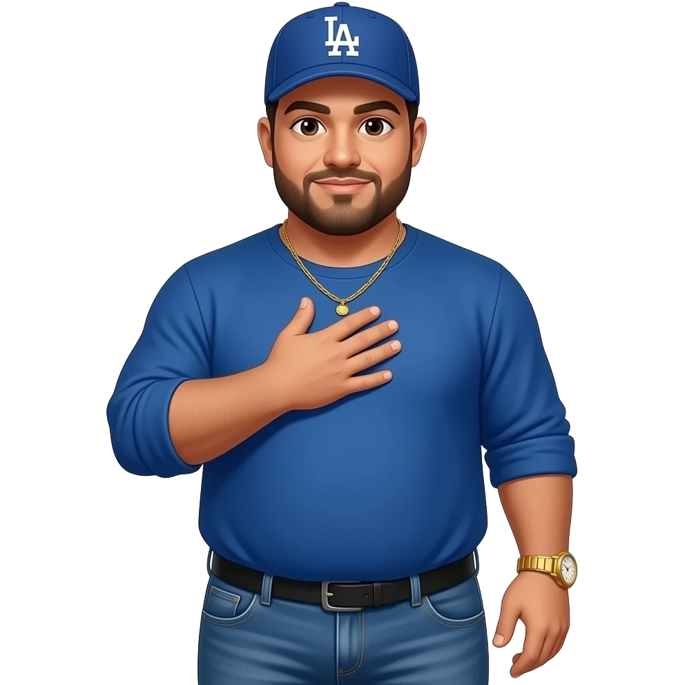 Chubby man with brown eyes and light honey skin tone and lightly shaved black beard wearing a blue Los Angeles Dodgers logo baseball cap wearing a long sleeve blue shirt wearing a gold tennis necklace and a gold wrist watch wearing denim jeans with one hand over his heart emoji