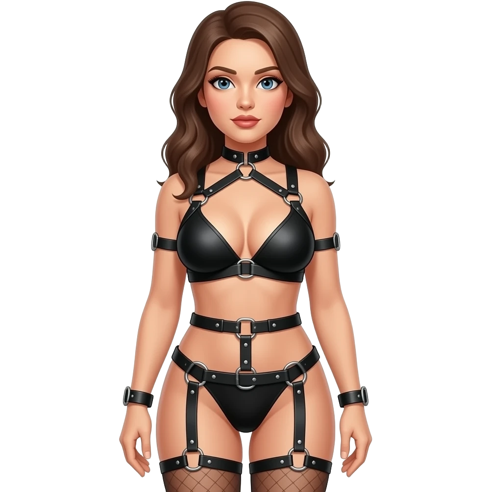 Naked woman in bdsm body harness, high heels, average breasts, no underwear emoji