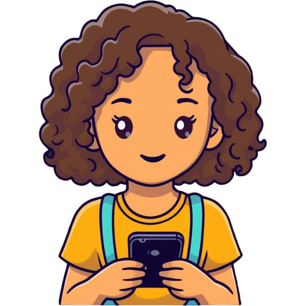 brunette girl with curly medium length hair, brown eyes, slightly tan skin, holding a phone emoji
