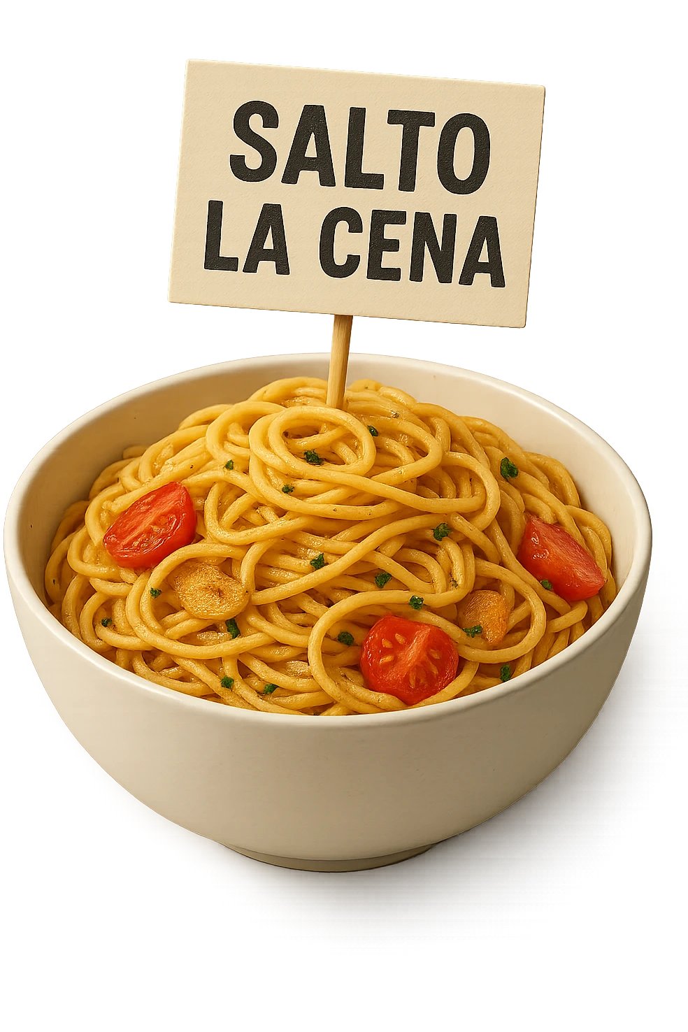 BOWL DI PASTA CON CARTELLO CON LA SCRITTA "SALTO LA CENA",  iperrealistico 4k emoji