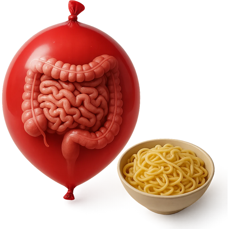 intestino umano anatomico chiuso in un palloncino rosso che simboleggia gonfiore, accanto una bowl di pasta, iperrealistico 4k emoji