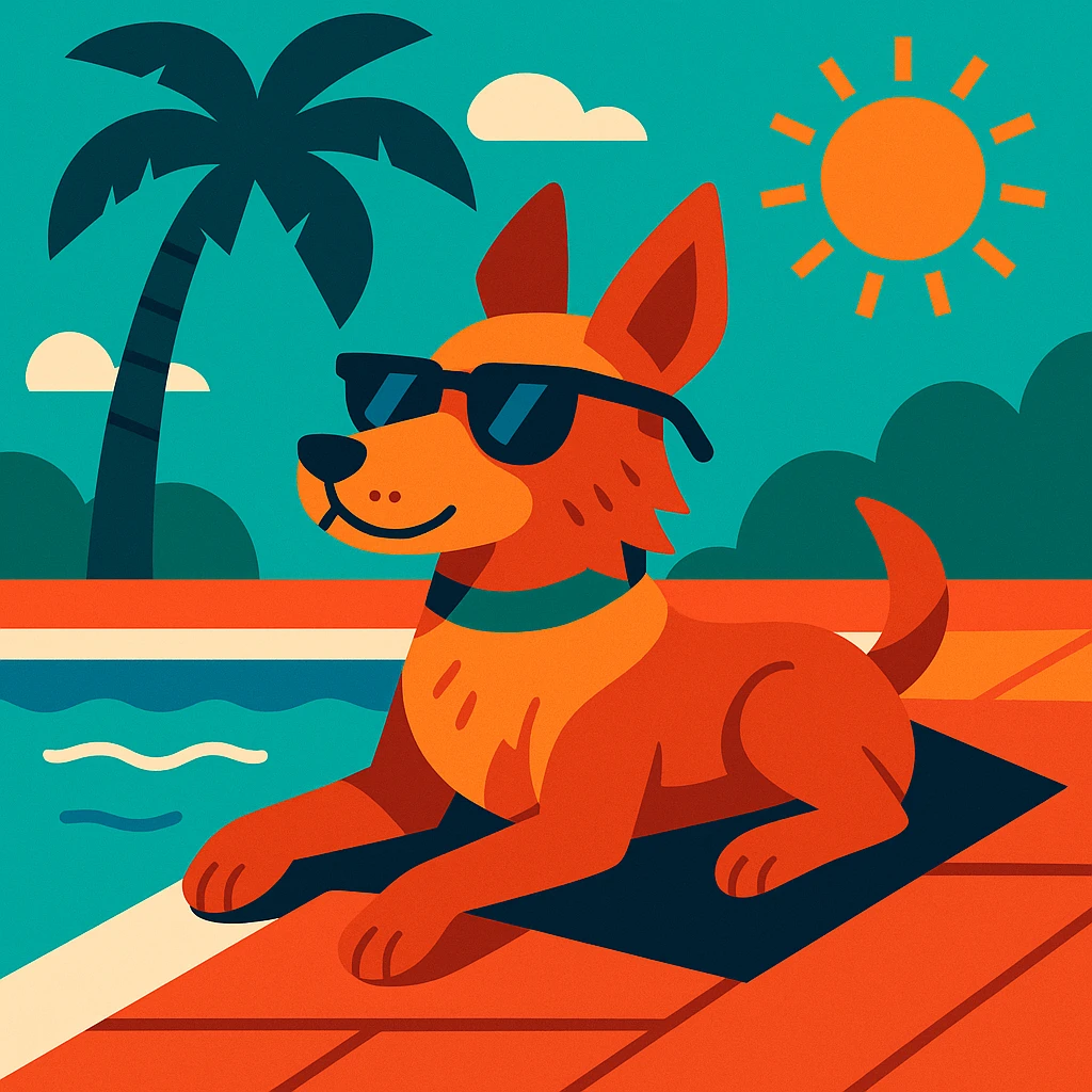 indie dog lounging by the poolside, sunglasses, summer vibe emoji