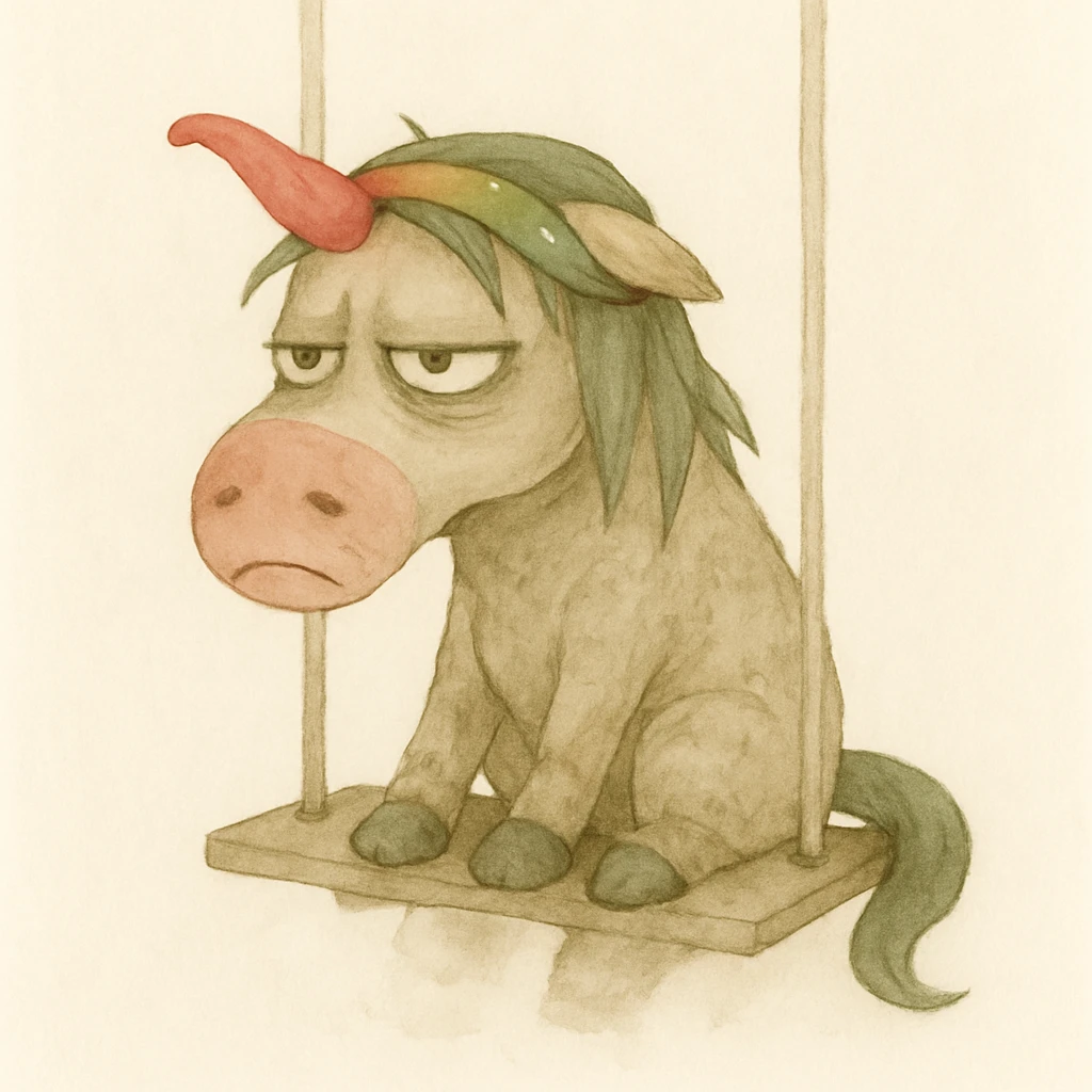 Place the unicorn on a swing in a watercolor art style. The unicorn remains dirty, crumpled, with bags under its eyes, a drooping horn, and a bright shiny headband. Maintain the watercolor art style look. emoji