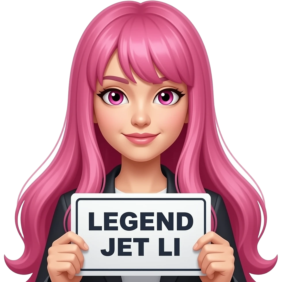 sexy girl with long pink hair and pink eyes holding LEGEND JET LI sign emoji