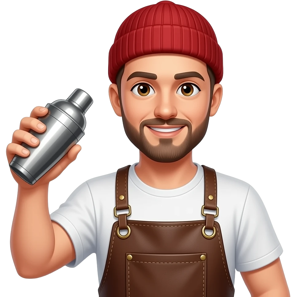 a hipster bartender with a red beannie, leather apron, white tshirt and a shaker emoji