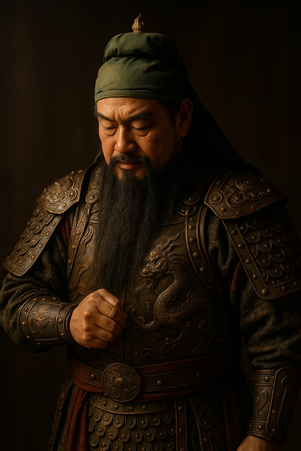 Guang Gong (Guan Yu) nodding, dignified, wearing traditional Chinese armor, long beard, respectful gesture, clear expression, detailed, cinematic lighting emoji