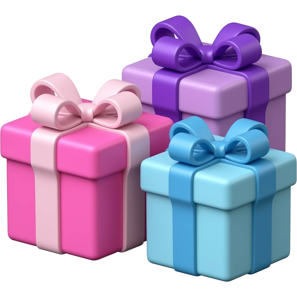 THREE BIRTHDAY GIFTS PINK PURPLE AND BLUE emoji