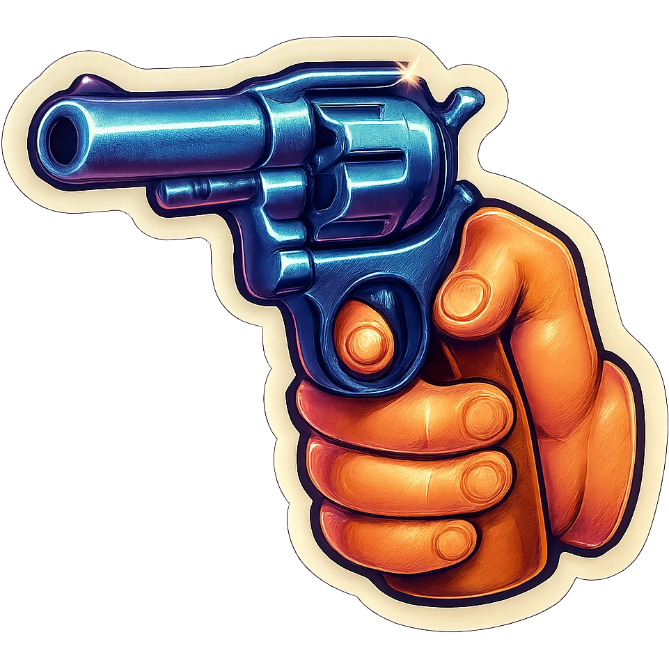 male hand holding a revolver, retro stickers style, clear black outlines, expressive shadows and highlights, no gradients, only sharp color transitions, close-up of the revolver emoji