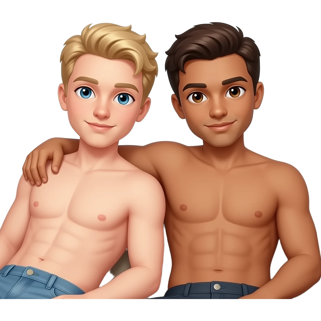 Make a young gay couple on a Date , one has light Skin with Blond Hair and Blue Eyes, the other one has slightly brown skin witz dark Brown Hair and Brown Eyes. They are laying shirtless on a couch. emoji