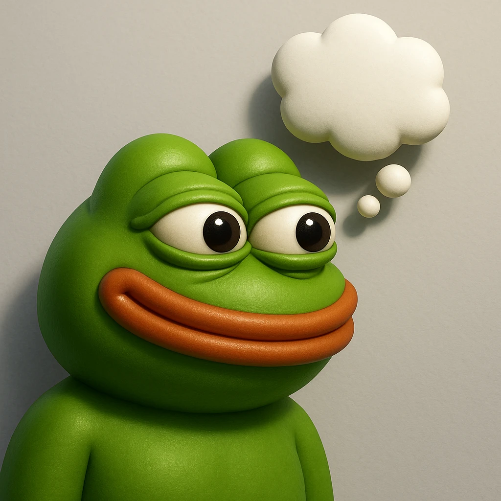make a pepe in bright green smiling with thought bubble looking at right side in 3d style, good highlights and shadows, drop shadows emoji