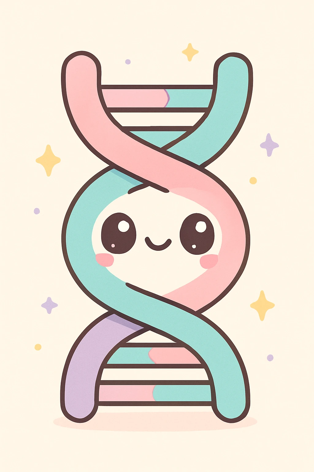 Kannst du mir bitte ein Bild erstellen im Kawaii-Stil? Also ganz übertrieben kitschig, also pastellige Farben mit den Thema Genetik. emoji