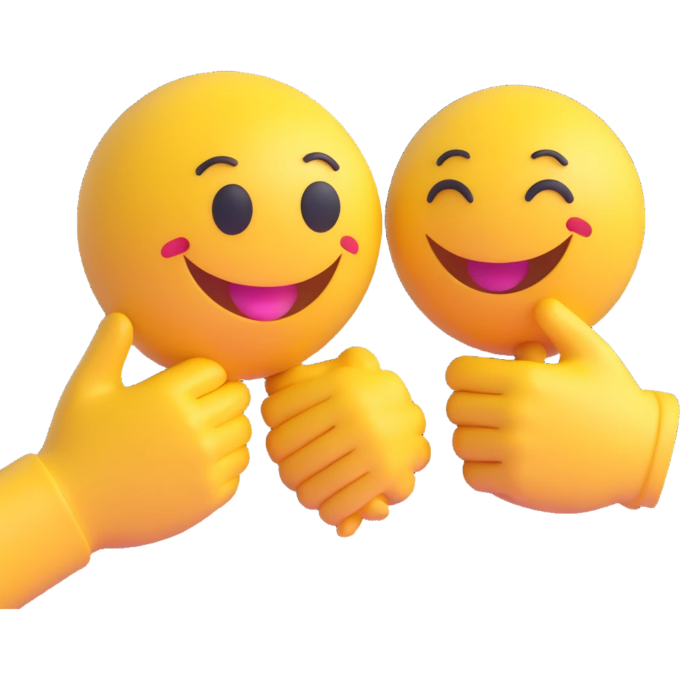 3D smiley emoji, nagy szempillás, kézfogós, páros emoji