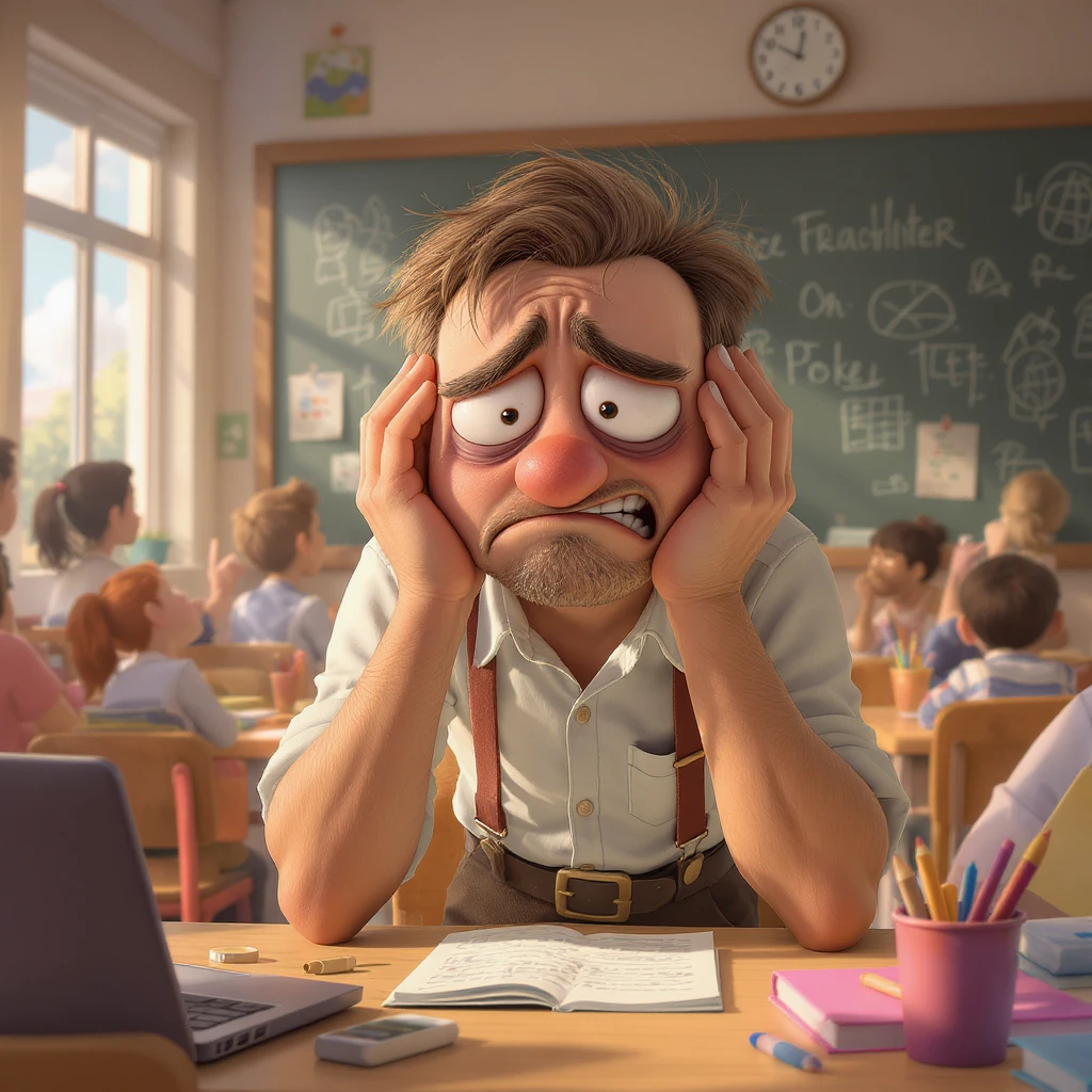 digital 2d cartoon art of a exhausted teacher in a bustling classroom emoji