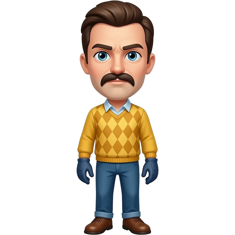 Mr. Peterson tiene cabello castaño peinado hacia atrás, un gran bigote y una expresión seria. Usa un suéter amarillo con rombos, pantalones azules, guantes y zapatos marrones. Aparece en Hello Neighbor. emoji