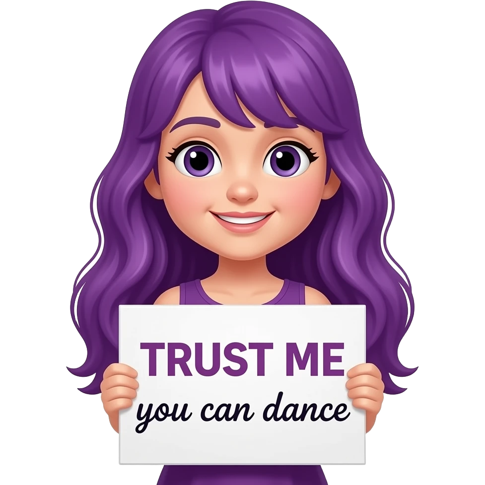 girl with long purple hair holding a TRUST ME you can dance sign emoji