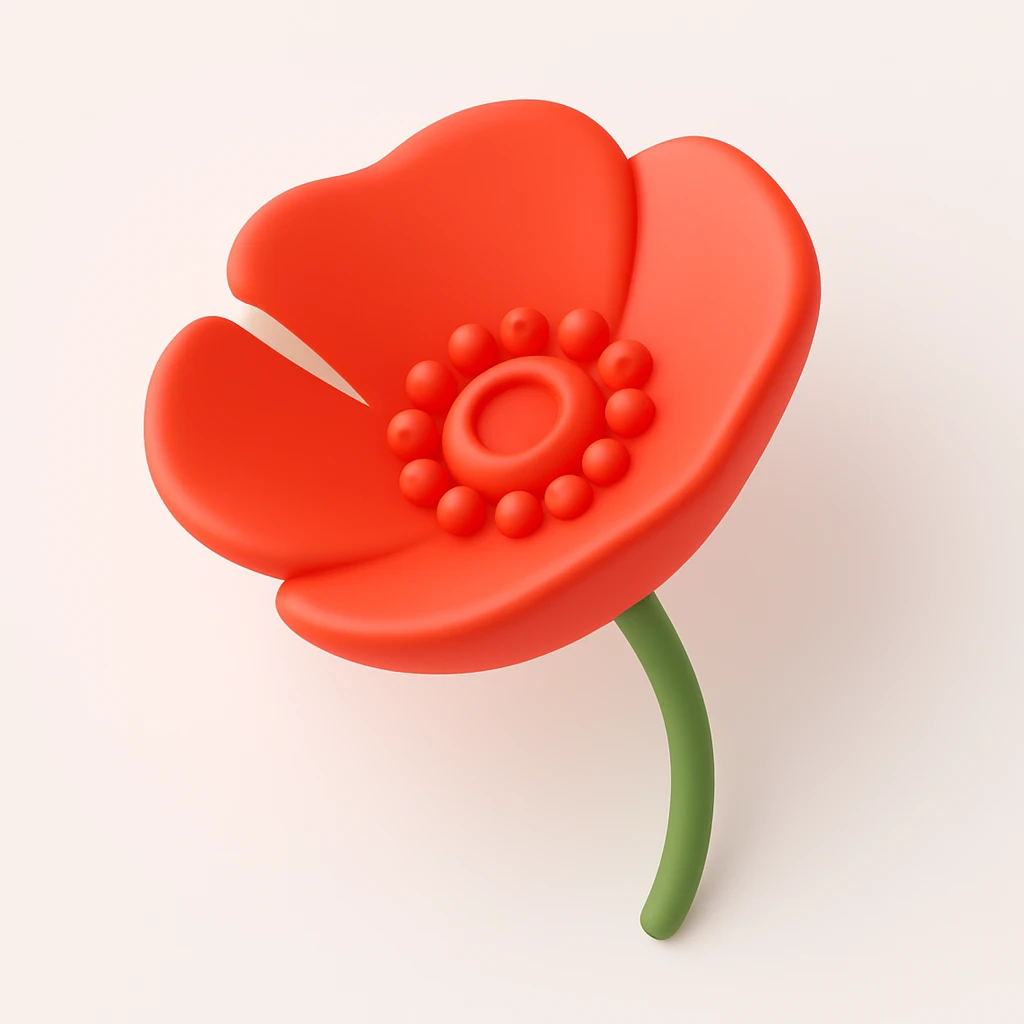 Create a 3D illustration of three red poppies with buds in iOS style: bright colors, soft shadows, glossy shine, smooth shapes, white background, modern minimalism. emoji