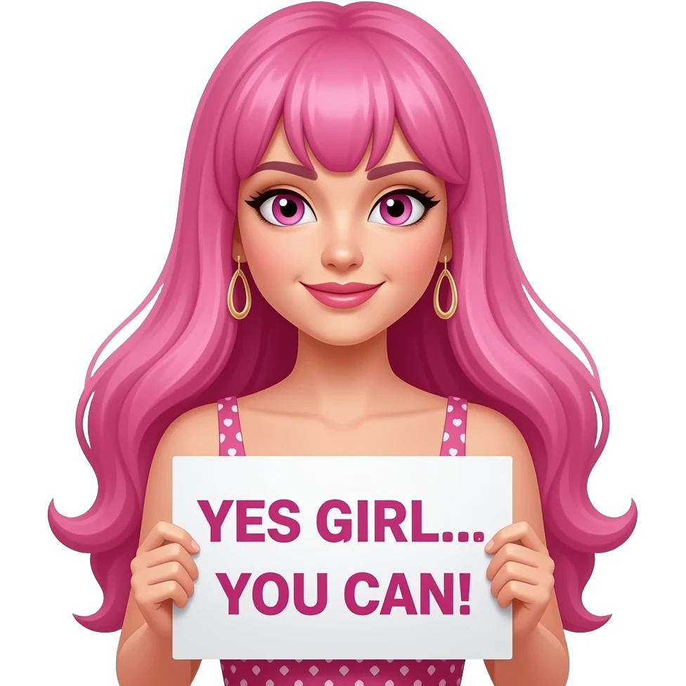 sexy girl with long pink hair and pink eyes wearing a dress holding a YES GIRL... YOU CAN! sign emoji