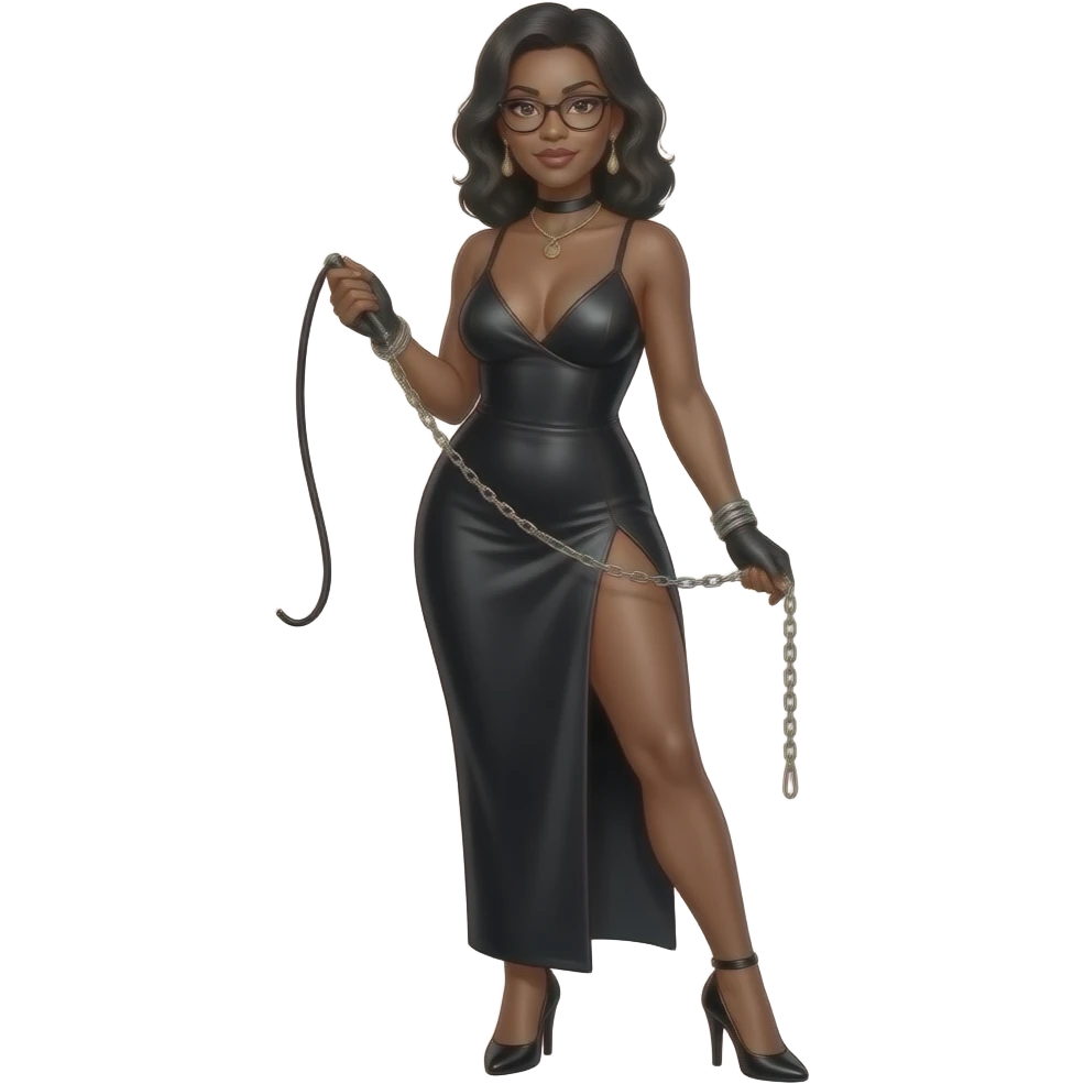 femme africaine dominatrice tres mince et tres  noire visage 50 ans fin lunettes debout robe decolletee profond fluide fendue  une jambe nue passant dans la fente fouet souple dans la main chaine dans la main droite droite talons aiguilles debout emoji