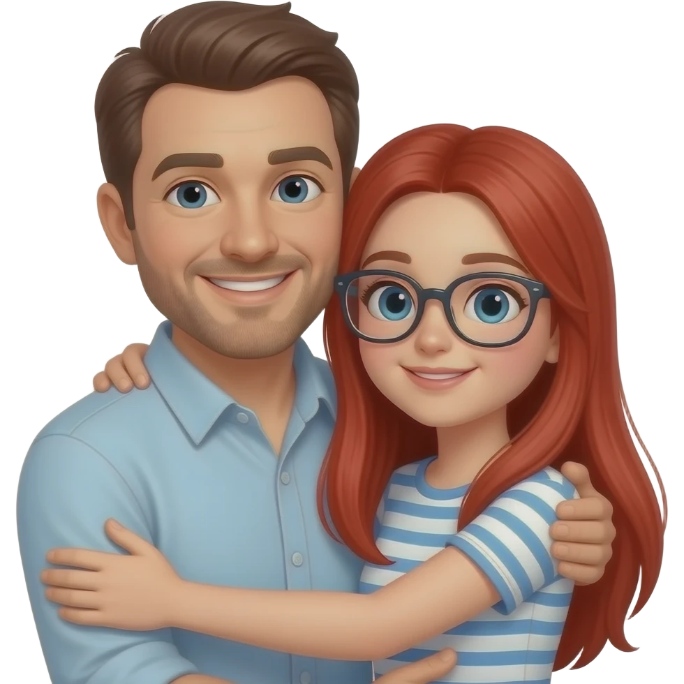 a dad and 13 year old girl hugging girl has longstraight red hair CLEAR glasses emoji
