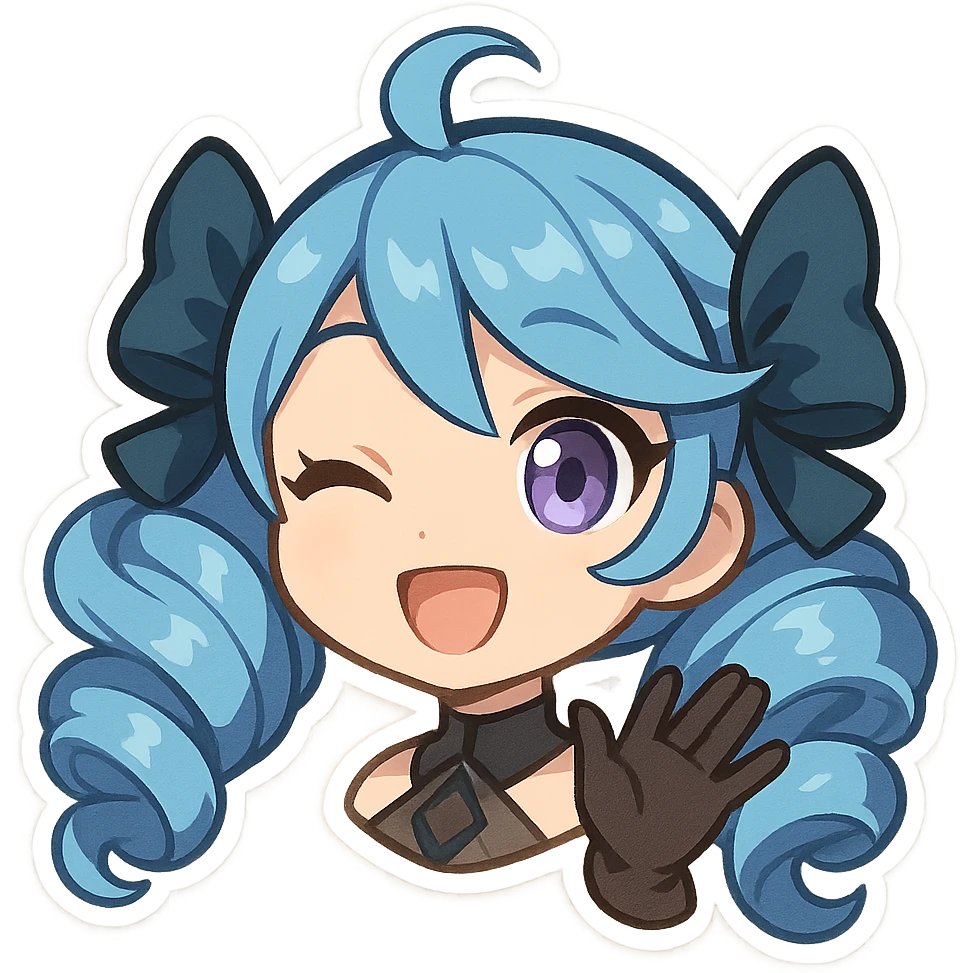 chibi style Gwen from League of Legends, only head, right eye purple, one hand waving with glove, smiling and energetic emoji