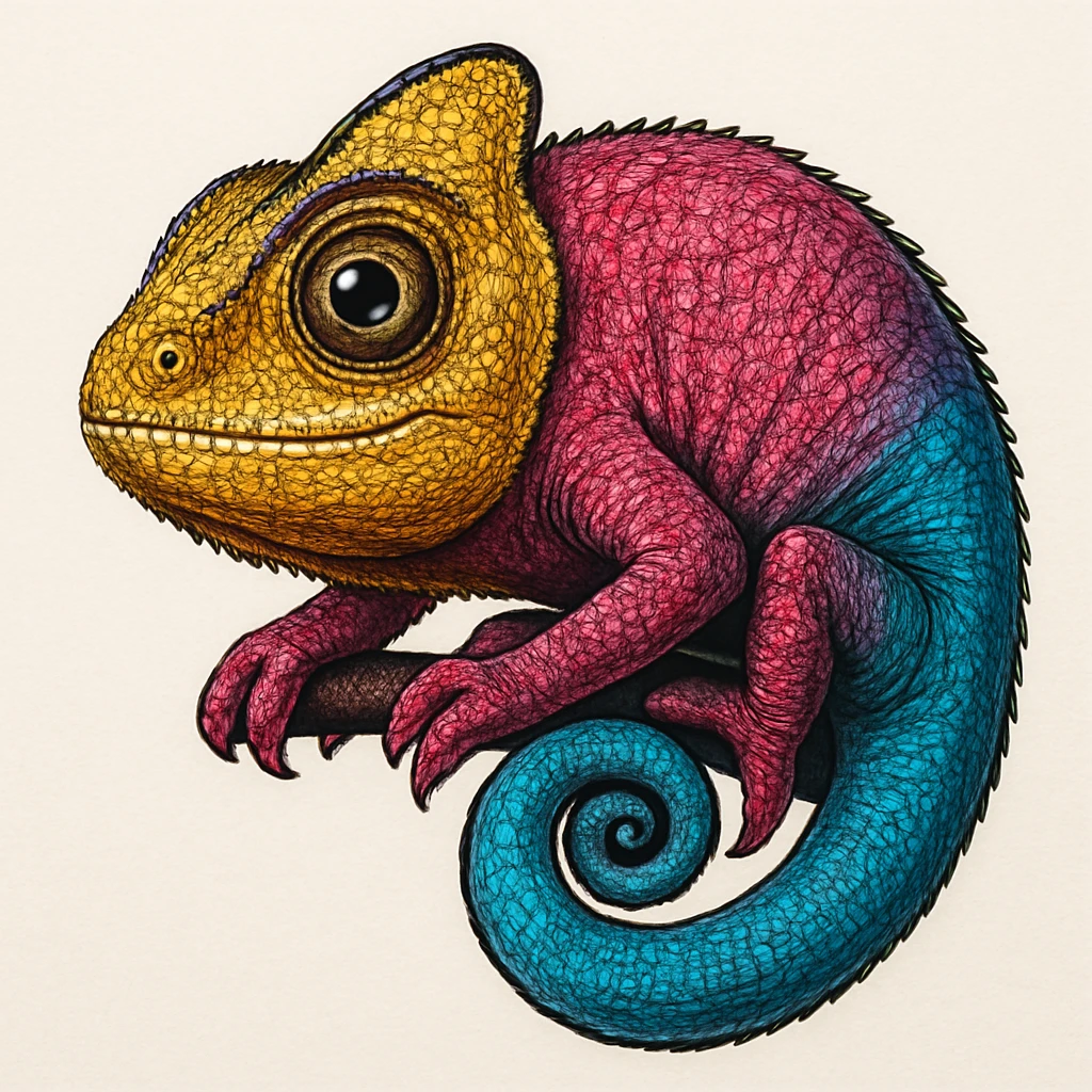 Make the rainbow chameleon more detailed with intricate scales and realistic texture, keeping vibrant colors and a simple background. Maintain the style and enhance the detail and texture realistically. emoji