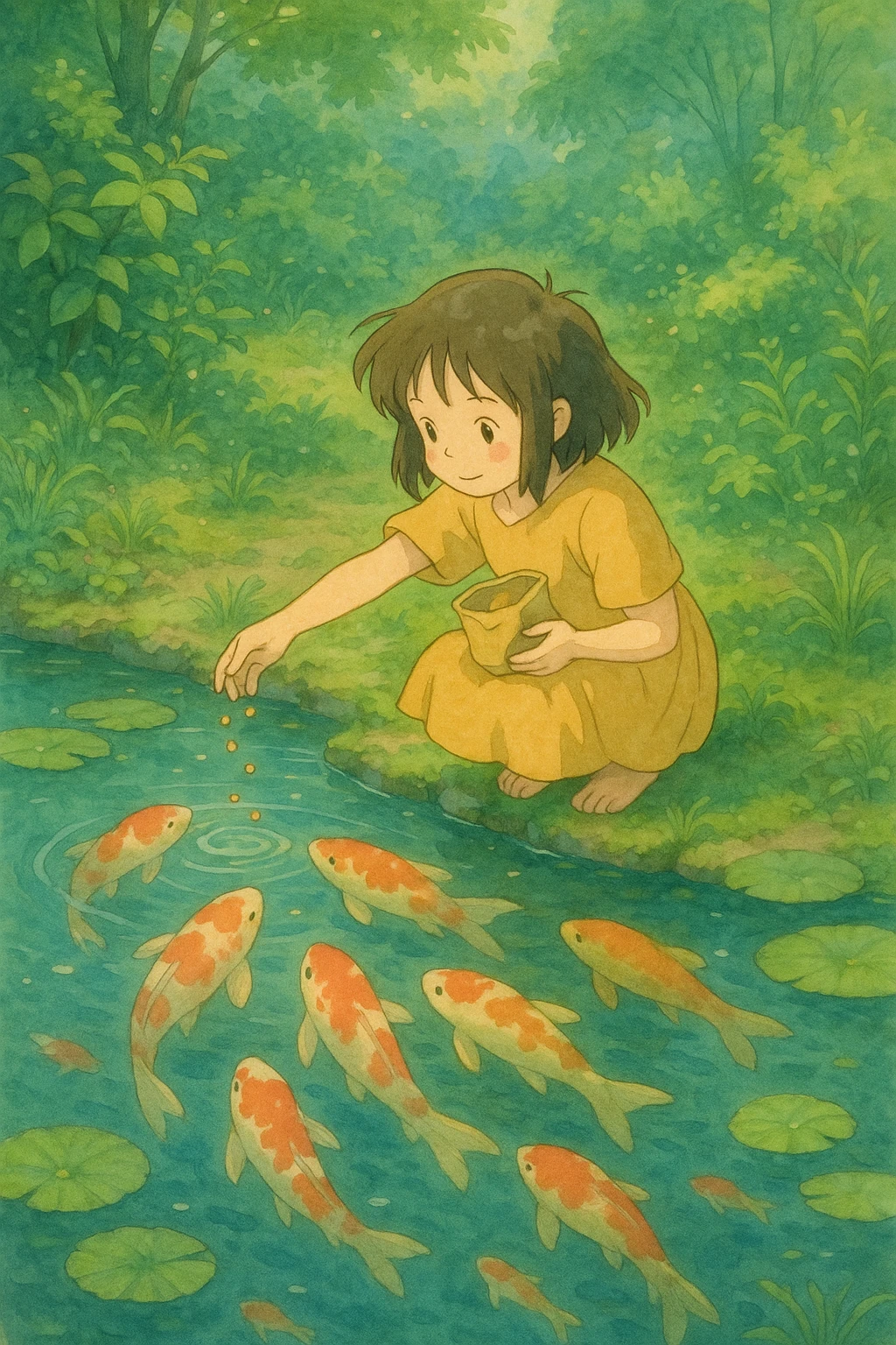 girl feeding koi fish in a pond emoji