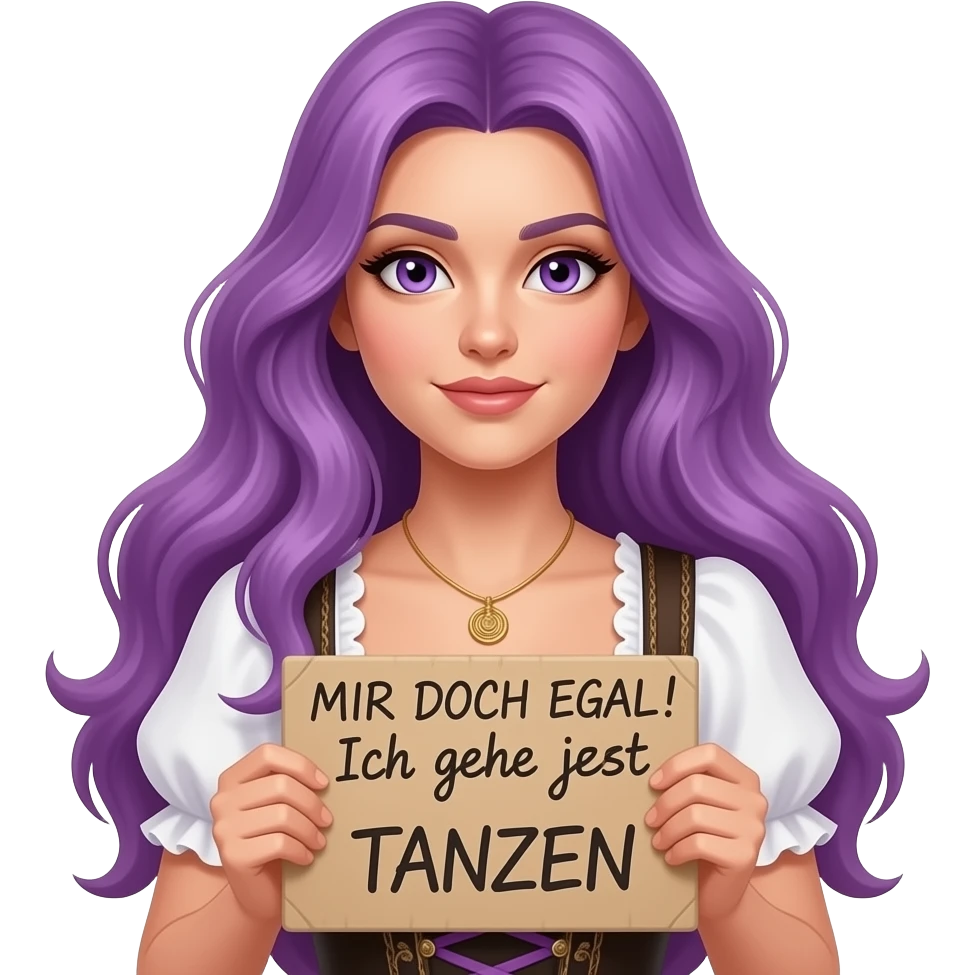 sexy girl with long purple hair and purple eyes wearing a dirndl holding a MIR DOCH EGAL! Ich gehe jetzt TANZEN sign emoji